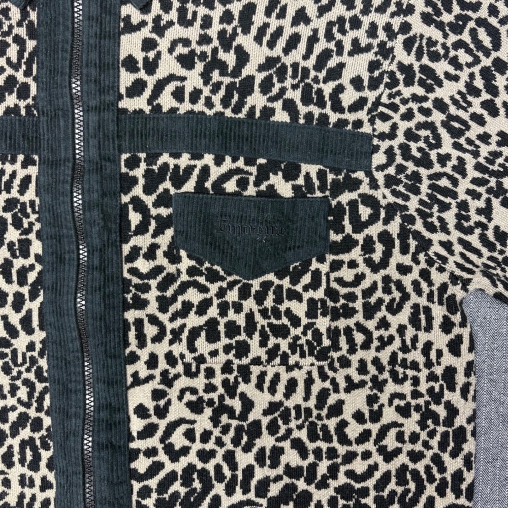 Supreme Leopard Corduroy Zip Up Sweater Tan Black Merino Wool Mens Large L F/W18 - Picture 3 of 7